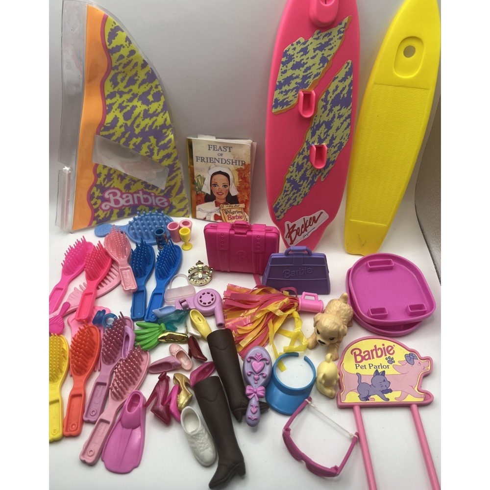 Barbie Mattel Accessories Lot Of 55 Misc Items Brushes Suitcases 80s 90s VTG